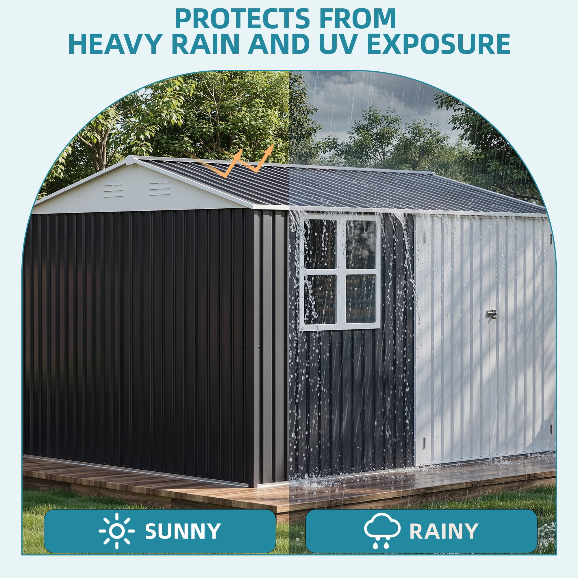 Uforic Metal Outdoor Storage Shed, 10x10ft Steel Tool Shed with Window, Lockable Door and Sloped Roof, for Backyard Patio Garage Lawn, Gray and White