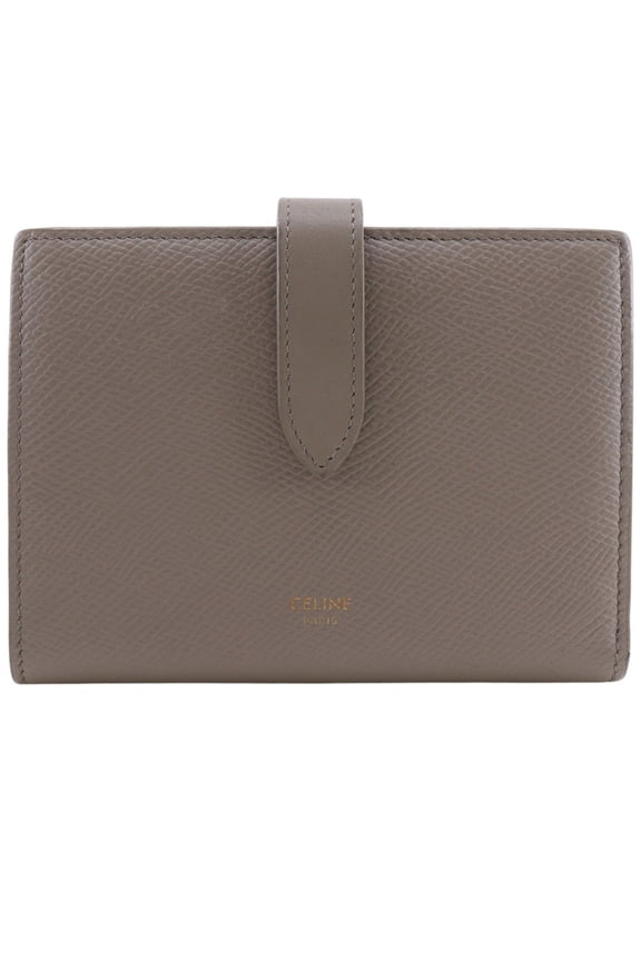 Pre-Owned Celine Medium Strap Wallet, Bi-fold Leather, Greige, Snap Button, Women's