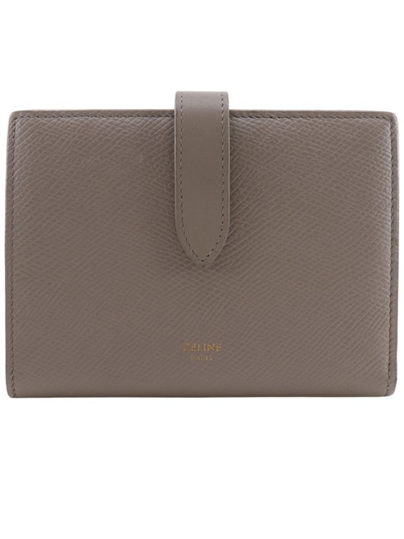 Pre-Owned Celine Medium Strap Wallet, Bi-fold Leather, Greige, Snap Button, Women's