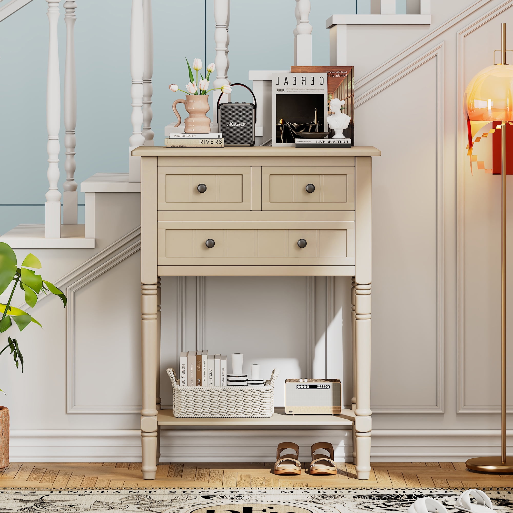 Harper & Bright Designs Narrow Console Table with Storage Drawers and Bottom Shelf for Entryway Living Room, Retro Console Table for Small Space, Beige