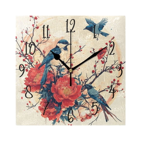 WOBOGO Blue Magpie Wall Clock 7.78 Inch Battery Operated Silent Unit Square Rustic Vintage Style for Home Bedroom Office Black Pointer
