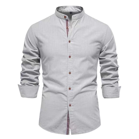 Yaoyar Dress Shirts for Men Long Sleeve Slim Fit Band Collar Cotton Linen Button Down Shirt Summer Business Casual Work Tops
