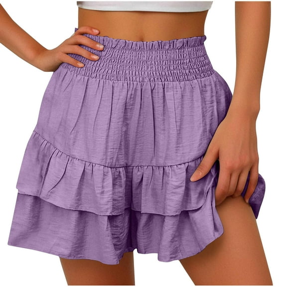 AherBiu Beach Shorts for Women Smocked High Waisted Wide Leg Layered Ruffle Flowy Vacation Cute Shorts