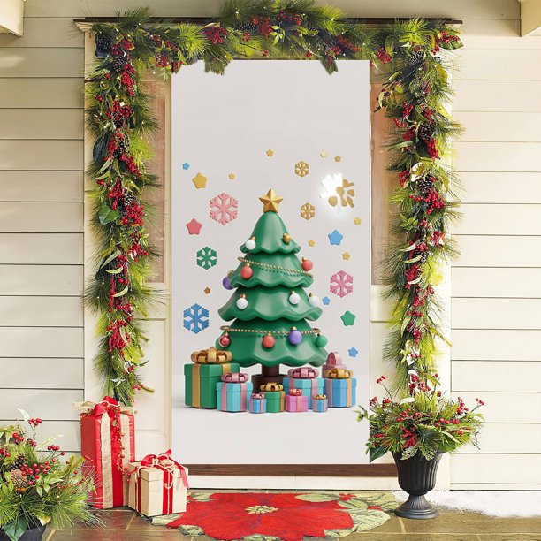 Christmas Door Cover Santa Claus Print Holiday Party Decoration Polyester Fabric Door Hanging for Home Indoor Outdoor Festive Decor