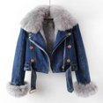 thumbnail image 2 of Women's Long-Sleeve Short Winter Dark Blue Denim Jacket - Removable Faux Fur Collar & Cuffs, Zipper, Warm Thickened Coat, S, 2 of 9