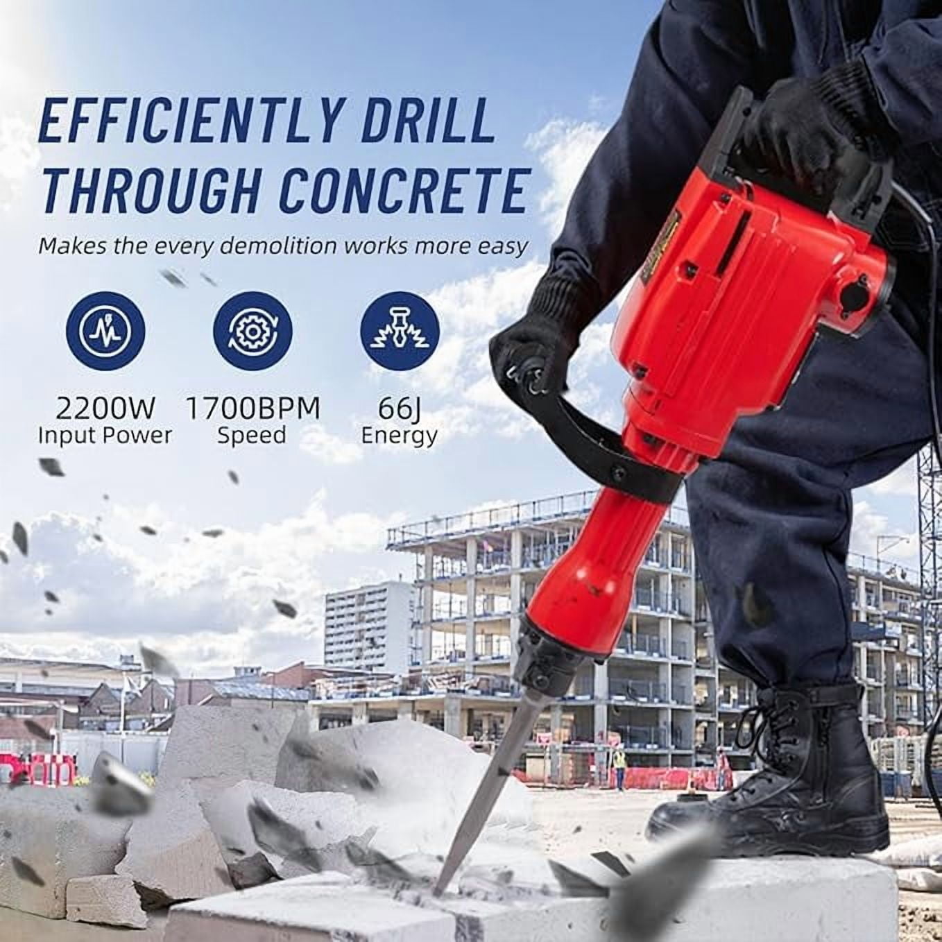 2200W Electric Jack Hammer Demolition Tool Kit, 6-piece set, Jack Hammer Concrete Breaker, Jack Hammer, Demolition Hammer, Includes 2 Bits, Heavy-Duty Concrete Breaker, 65A