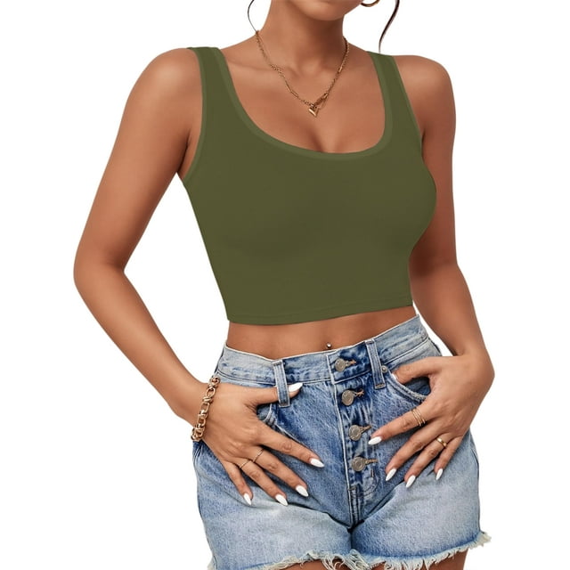 Top corto AURUZA sin mangas con cuello en U verde para mujer