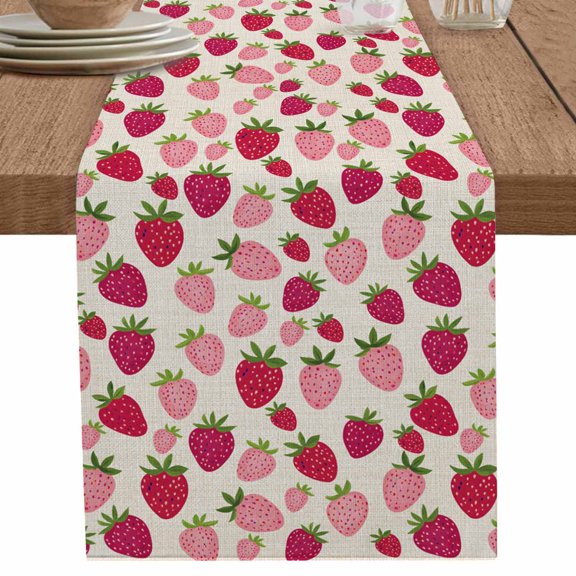 nqOlkjepod Red Pink Strawberry Table Runner 72 Inches Long Farmhouse Dress Scarves, Beige Lovely Summer Spring Fruit Dining Tablerunner for Coffee Table/Kitchen Island/Party Décor, 16" x 72"