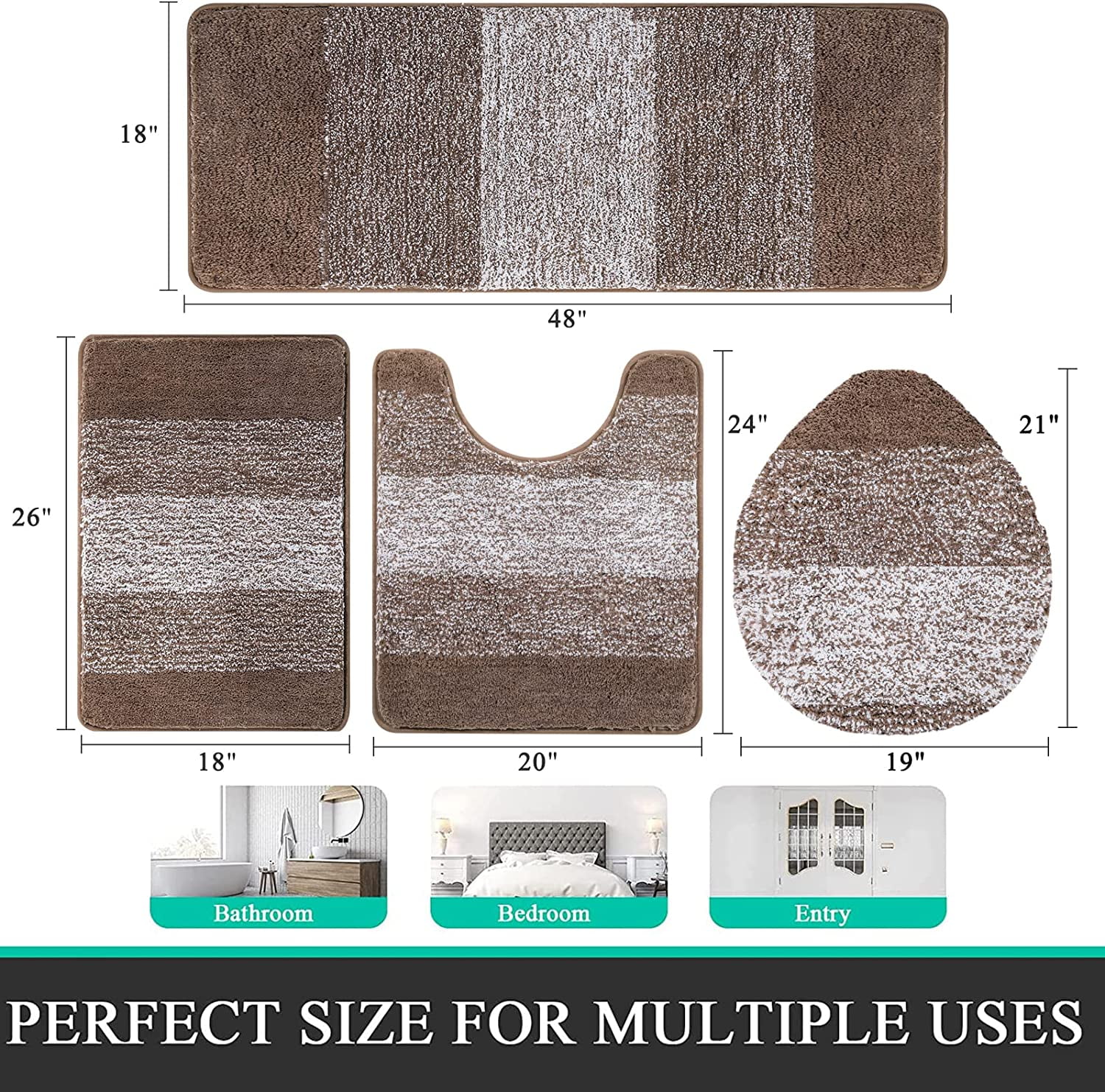 Ileading Traditional 4 Piece Microfiber Washable Bathroom Rug Set, Coffee