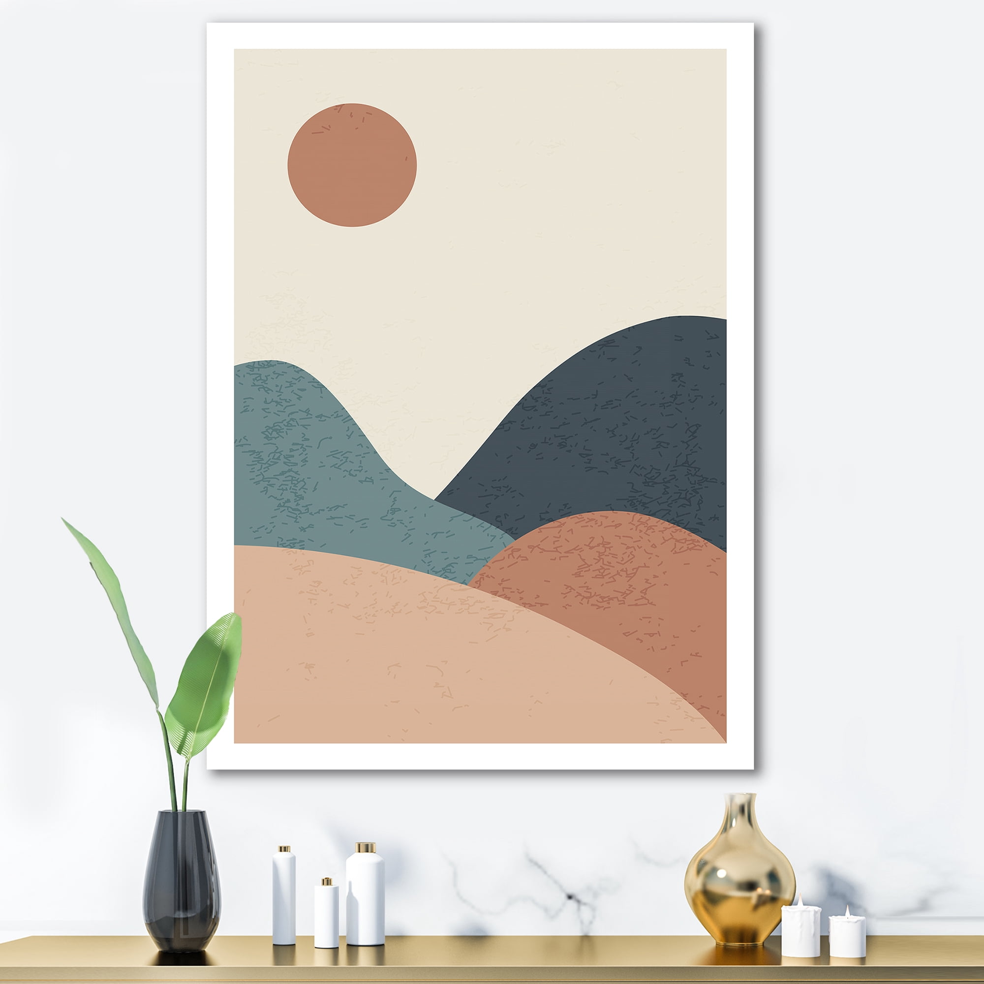 Designart ' Minimalist Vintage Landscape With Lake At Sunset ' Modern Canvas Wall Art Print