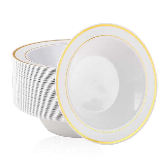 50PCS Plastic Bowls with Gold Rim-12oz disposable Soup Bowls, Christmas Thanksgiving Premium Dessert Salad Bowl for Wedding/Party