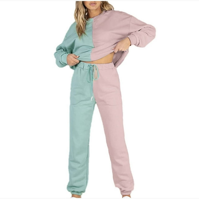 Yuyuzo 2 Piece Sweatsuits for Women Long Sleeve Color Block Pullover Sweatshirts Sweatpants Matching Sets