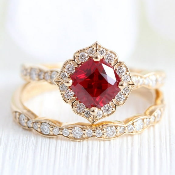 Rag Jewels 925 Sterling Silver 2.00 Ct Cushion Cut Garnet & Diamond Wedding Engagement Thanksgiving Christmas Bridal Ring Set 14K Yellow Gold Plated For Women's -5.5