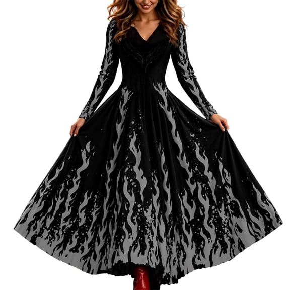 Xijirk Women's Halloween V Neck Long Sleeve Maxi Dress Flame Print Gown for Halloween Masquerade Party,S