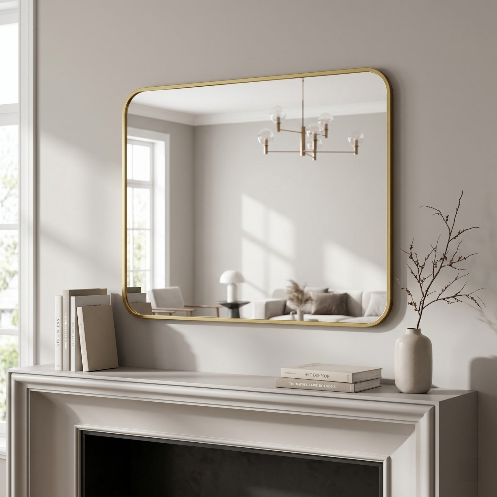 Easy4Home 48"x36" Large Rectangular Bathroom Mirror Hanging Rounded Corners Vanity Mirror Wall Mounted, Gold