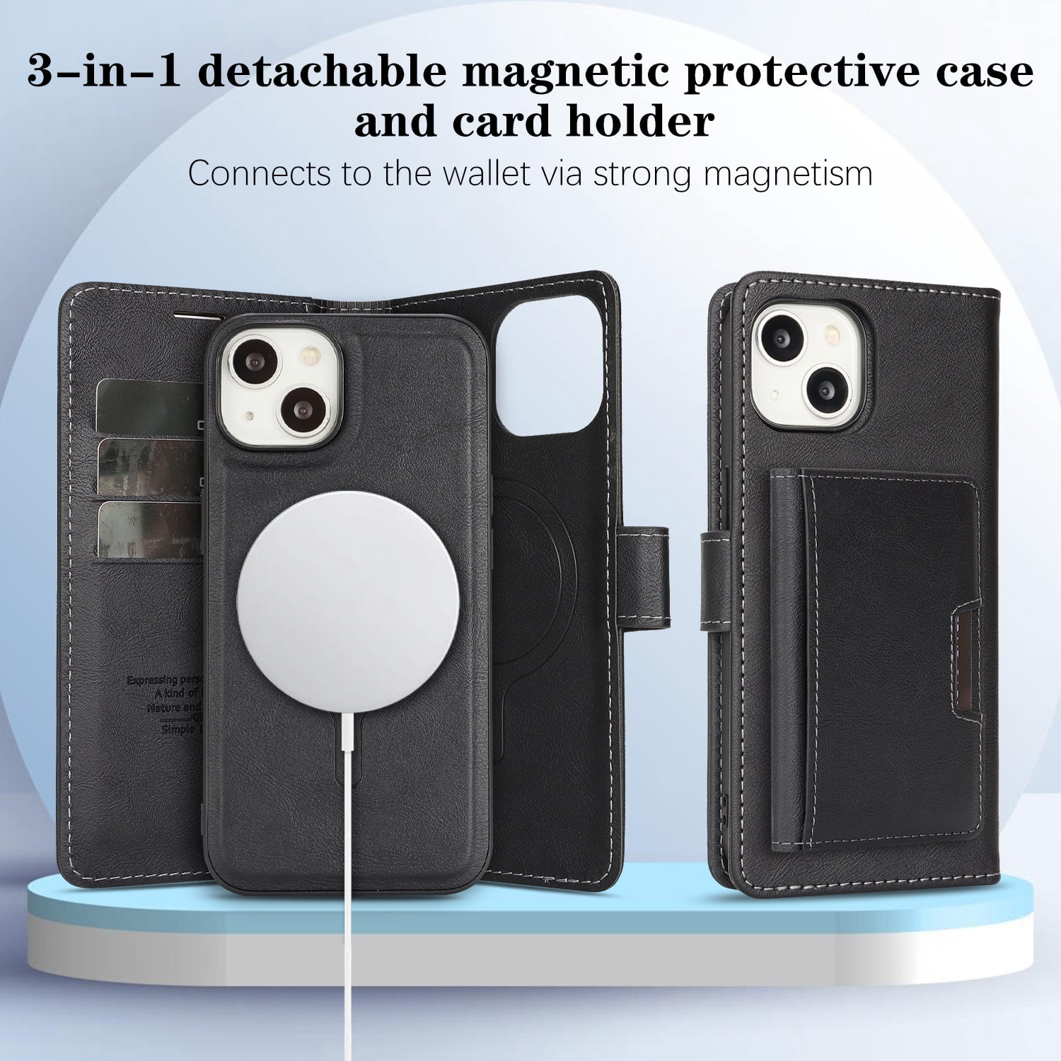 Dteck for iPhone 15 Case Detachable Wallet Case with Card Holder, 3 in 1 PU Leather Flip Folio with RFID Blocking Stand Shockproof Phone Cover,Black