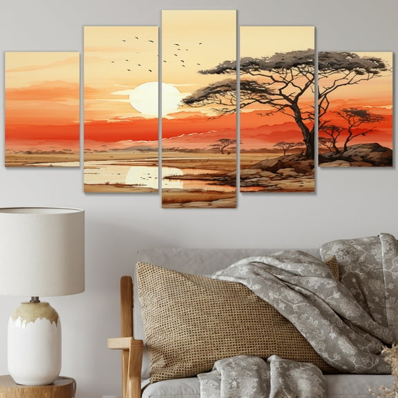 Designart "Orange Yellow African Landscape Savannah Radiance" African Wall Art Prints Set