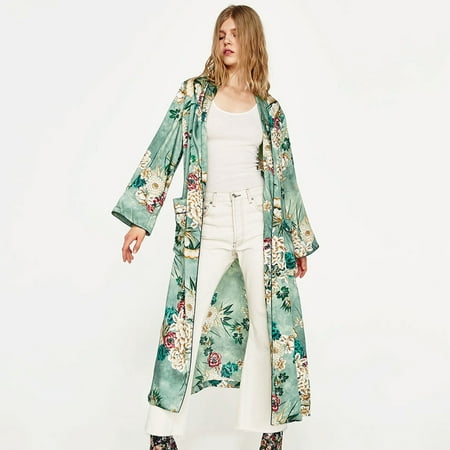 Vintage Women Retro Floral Print Long Kimono Coat Jacket Long Sleeve Cardigan Maxi Shawl Tops With Belt