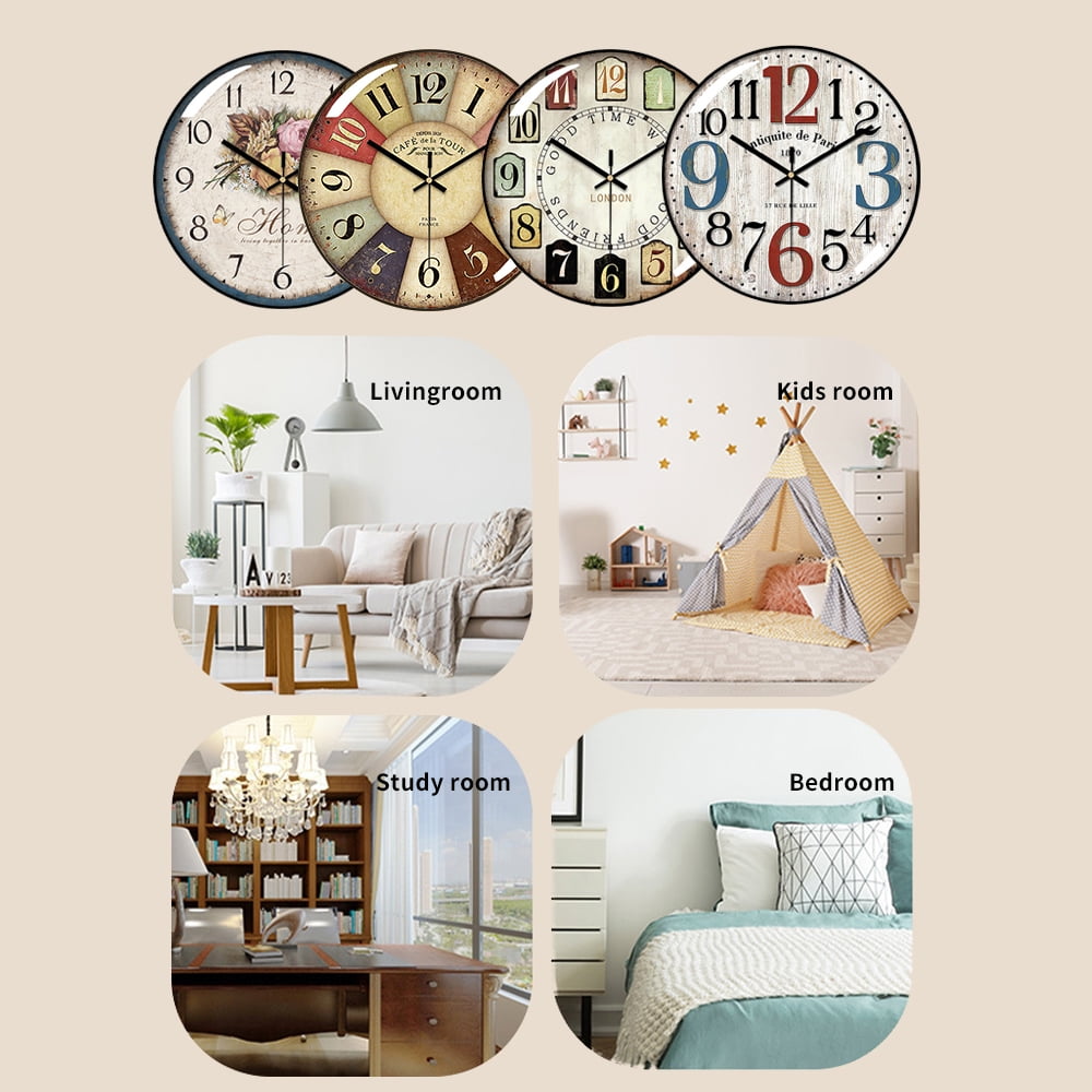 VOCOO 12-Inch Silent Quartz Wall Clock, Retro Colorful Decorative Wall Clock with Tempered Glass Cover,Non-Ticking, Battery Operated, Easy-to-Read Ideal Decor for Home, Office, Kitchen