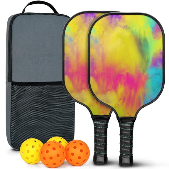 Pickleball Paddles Set Of 2, Fiberglass Surface, Fluid Smoke Aurora Art Style, 4 Balls & Bag