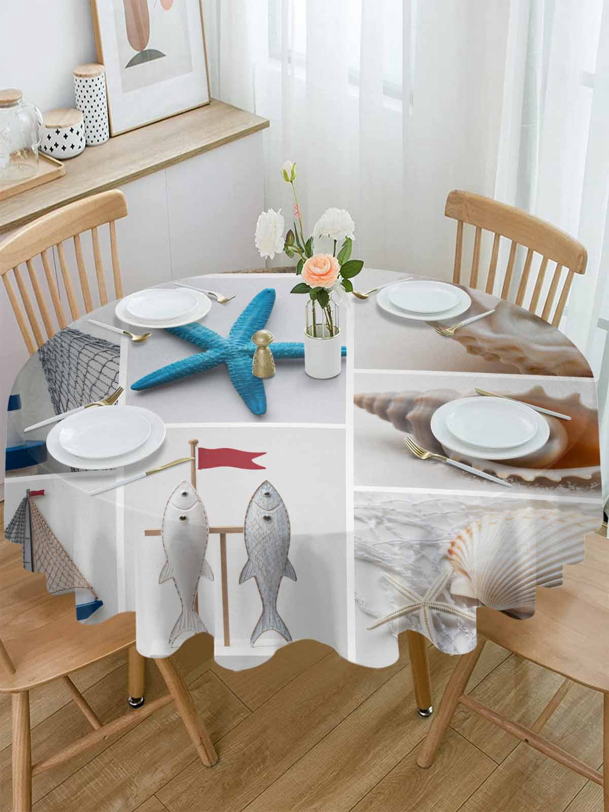 Round Tablecloth Coastal Beach Themed Waterproof Oil Proof Polyester Table Cloth Cover Decor for Home Dining Outdoor,Patio,Parties, 60" Dia. Summer Ocean Starfish Shell Boat