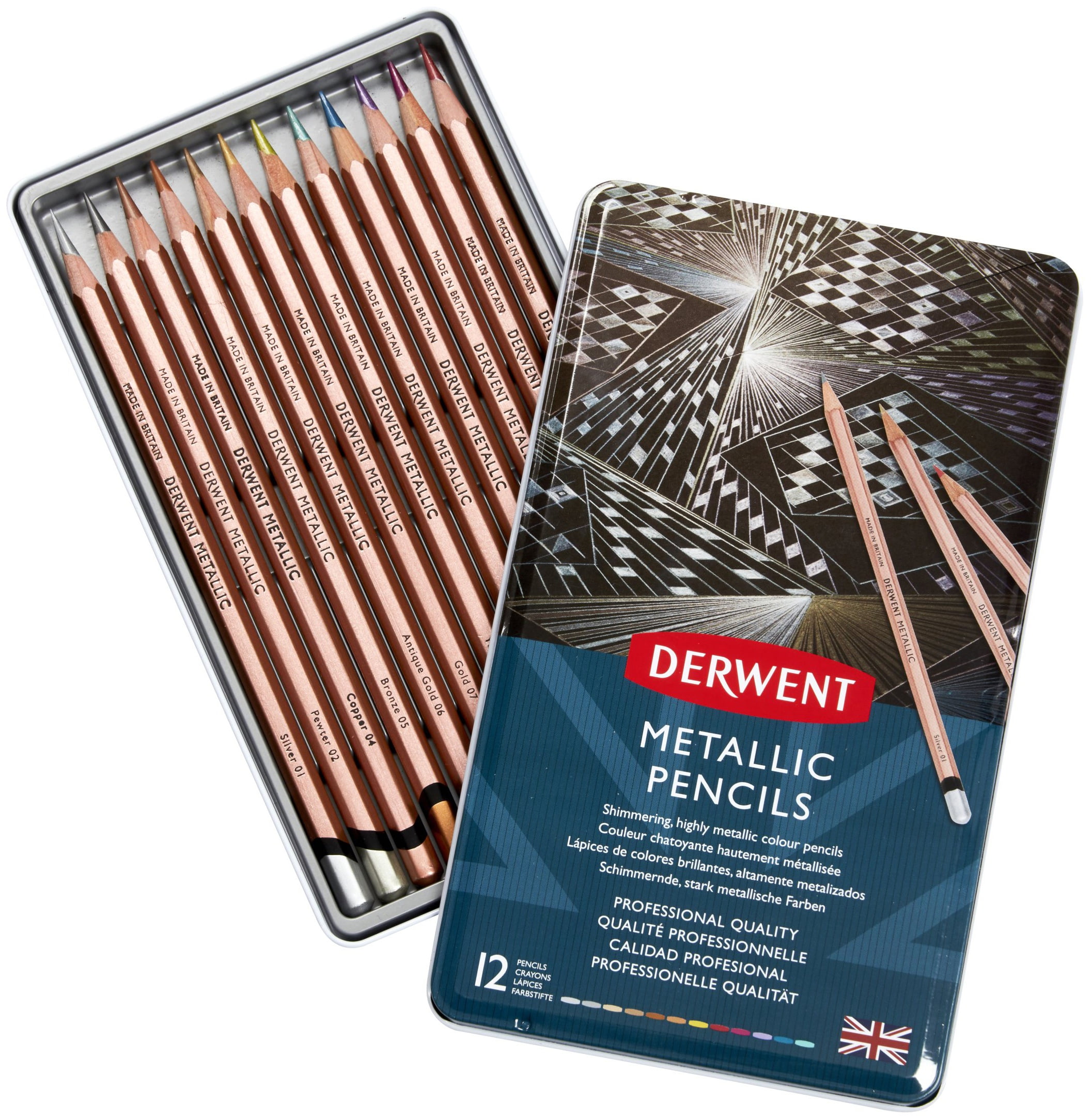 Derwent Metallic Pencils W/Tin 12/Pkg-