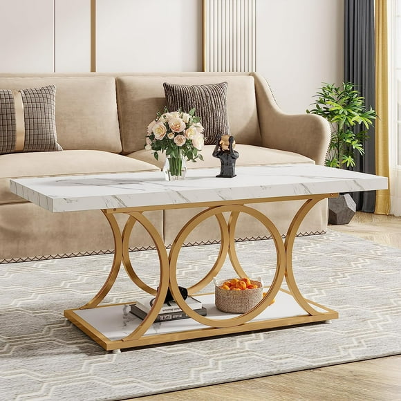 Tribesigns 47.24-inch Rectangle Coffee Table, 2-Tier Faux Marble Coffee Tables for Living Room, White Gold