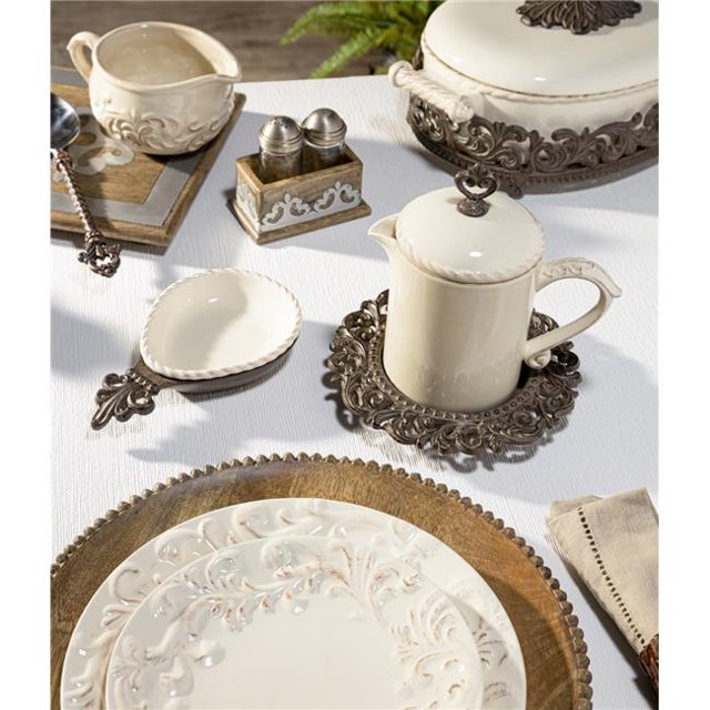 GG Collection 95170 Cream Stoneware Lidded Sauce Jar with Metal Acanthus Leaf Drip Base, Brown