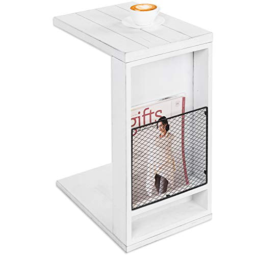 MyGift Vintage White Slatted Boards Style C-Table/Side Sofa Table with Rustic Metal Wire Magazine Holder Slot