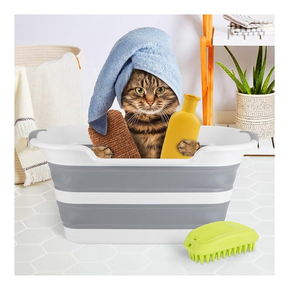 Collapsible Pet Bathtub with Drainage - Foldable Plastic Wash Basin for Small Dogs Cats, Space Saving Grooming Station