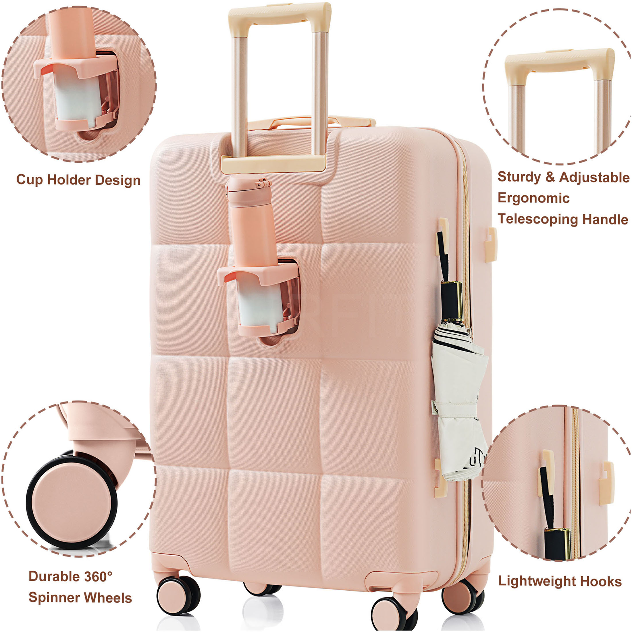 JERFIT 3-Piece Pink ABS Hard Shell Spinner Luggage Set with Cup Holder, TSA Lock & Scratch-Resistant Textured Finish