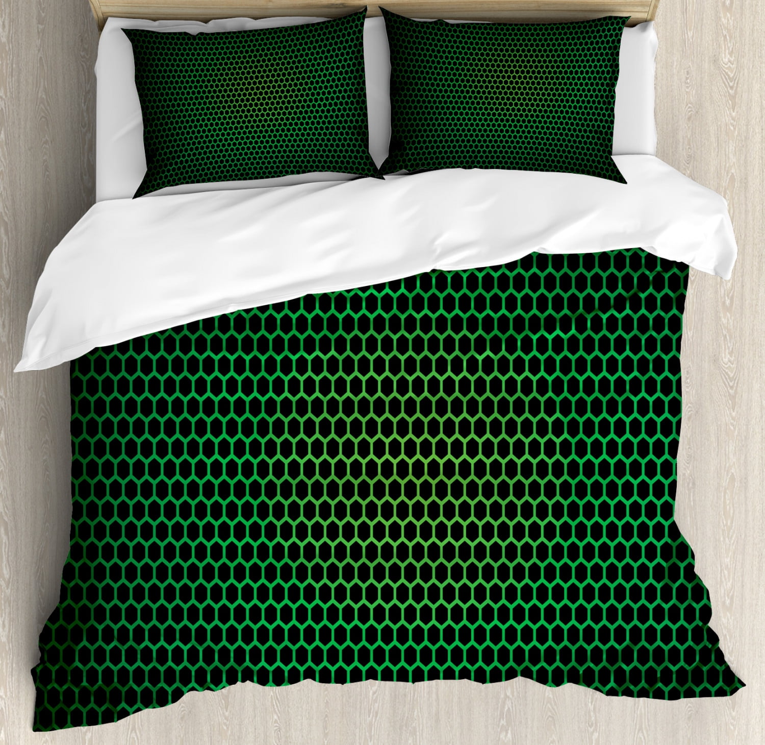 Forest Green King Size Duvet Cover Set Geometrical Honeycomb Pattern