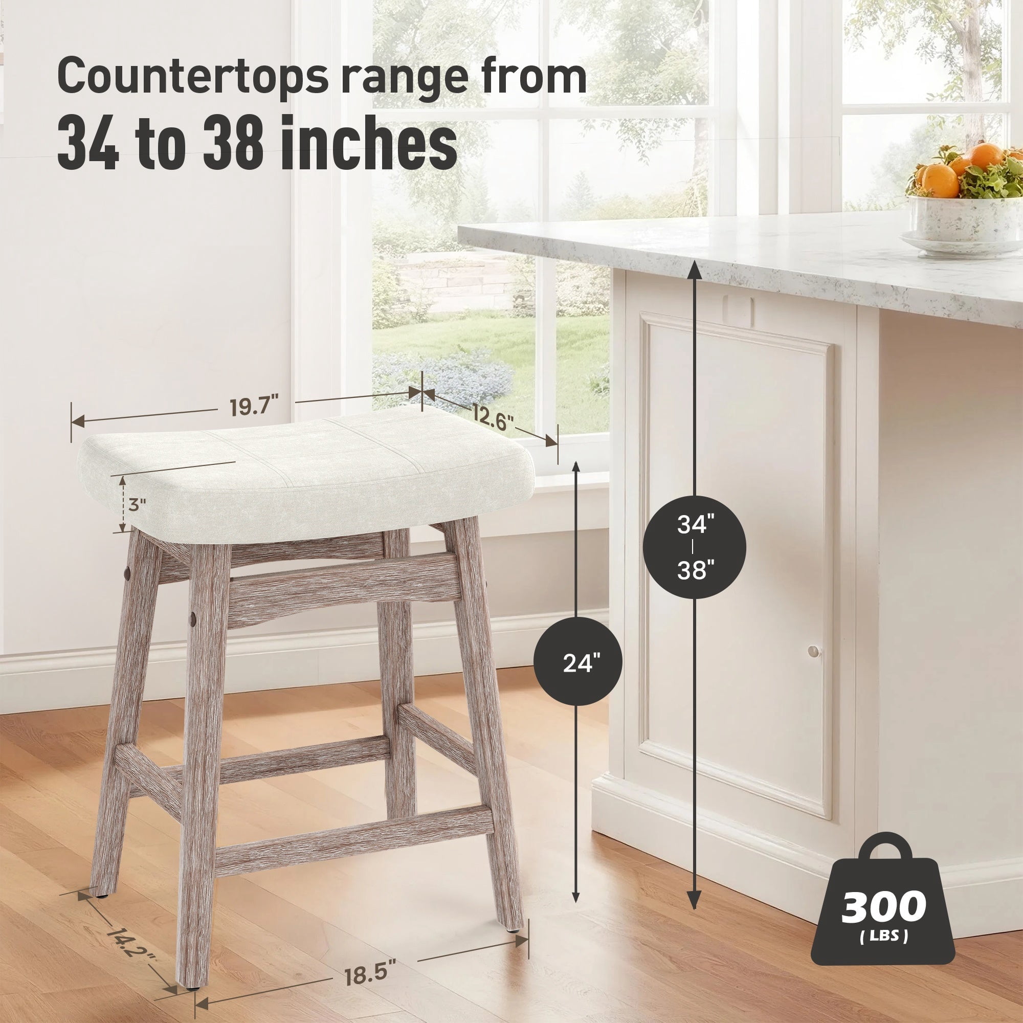 MF Studio 24" Counter Height Bar Stool Set of 2, Upholstered Saddle Seat with Solid Wood Legs, White
