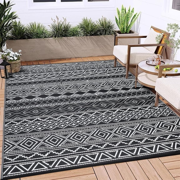 Outdoor Rugs 10x14 Waterproof Lightweight Foldable Camping Carpet, Geometric Reversible Plastic Straw Rug for RV, , Porch, Deck, Picnic, Black & White