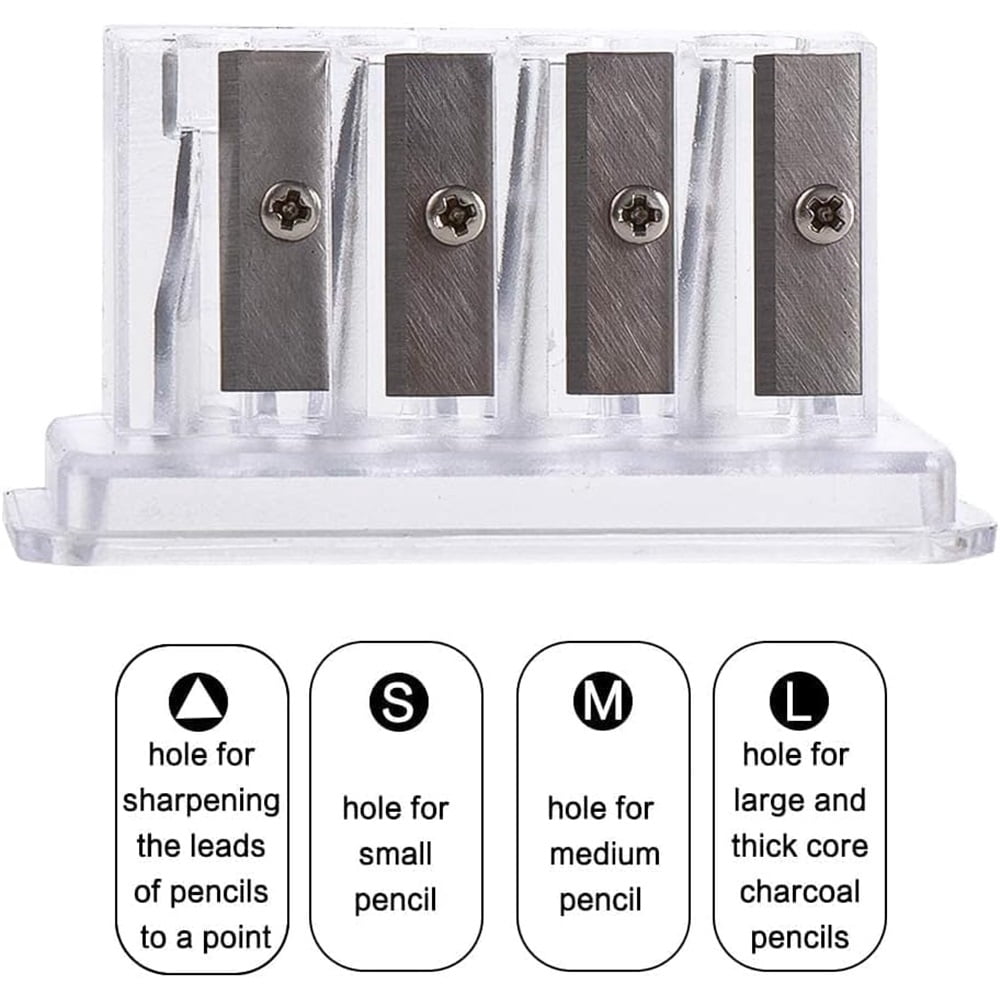 4 Pieces Long Point Manual Pencil Sharpener with Plastic Lid 4 Holes Handheld Sharpener for Sketching, Charcoal, Colored Pencils (Transparent)