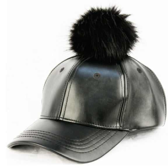 Faux Leather 6 Panel Pompom Baseball Cap