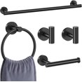 thumbnail image 1 of Juego de Accesorios para baño, 5 Piezas Accesorios de Baño de Acero Inoxidable, Toalleros de Barra Toalleros de Anillo Portarrollos para Papel Ganchos para Toallas para Baños, Cocinas (Negro), 1 of 7