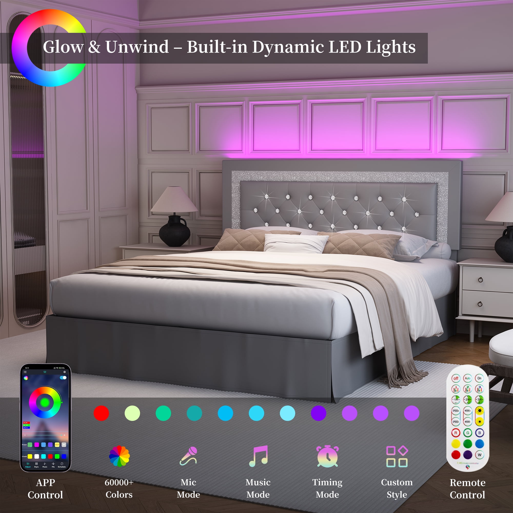 SIBEDS Queen Upholstered Bed Frame with Adjustable Headboard and LED Lights, Gray PU Tufted Diamond Button, No Box Spring Needed, Noise Free