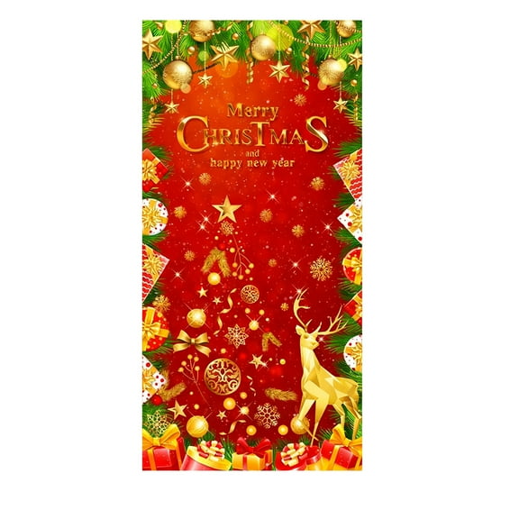 PuSpu Christmas Door Curtain 185x90cm Red Polyester Reusable Festive Panel, Snowflake & Holly Print, Holiday Entrance Decor, Easy Hang & Store, Seasonal Home Accent