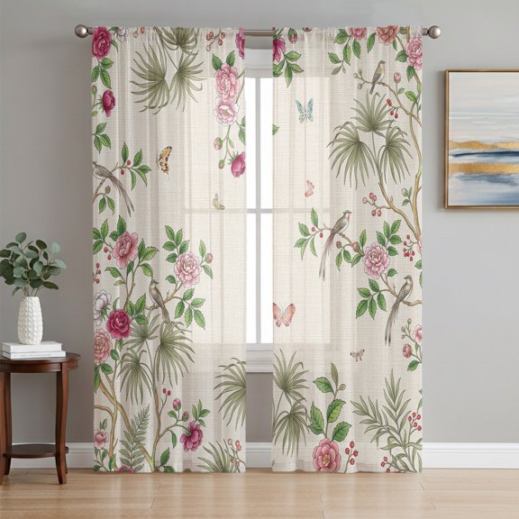 Pink Flowers Sheer Curtains 72 Inch Length 2 Panels Set, Spring Floral Butterfly Rustic Botanical Voile Window Treatment Rod Pocket Curtains Sheers Drapes for Bedroom/Living Room/Kitchen 52"x72"x2