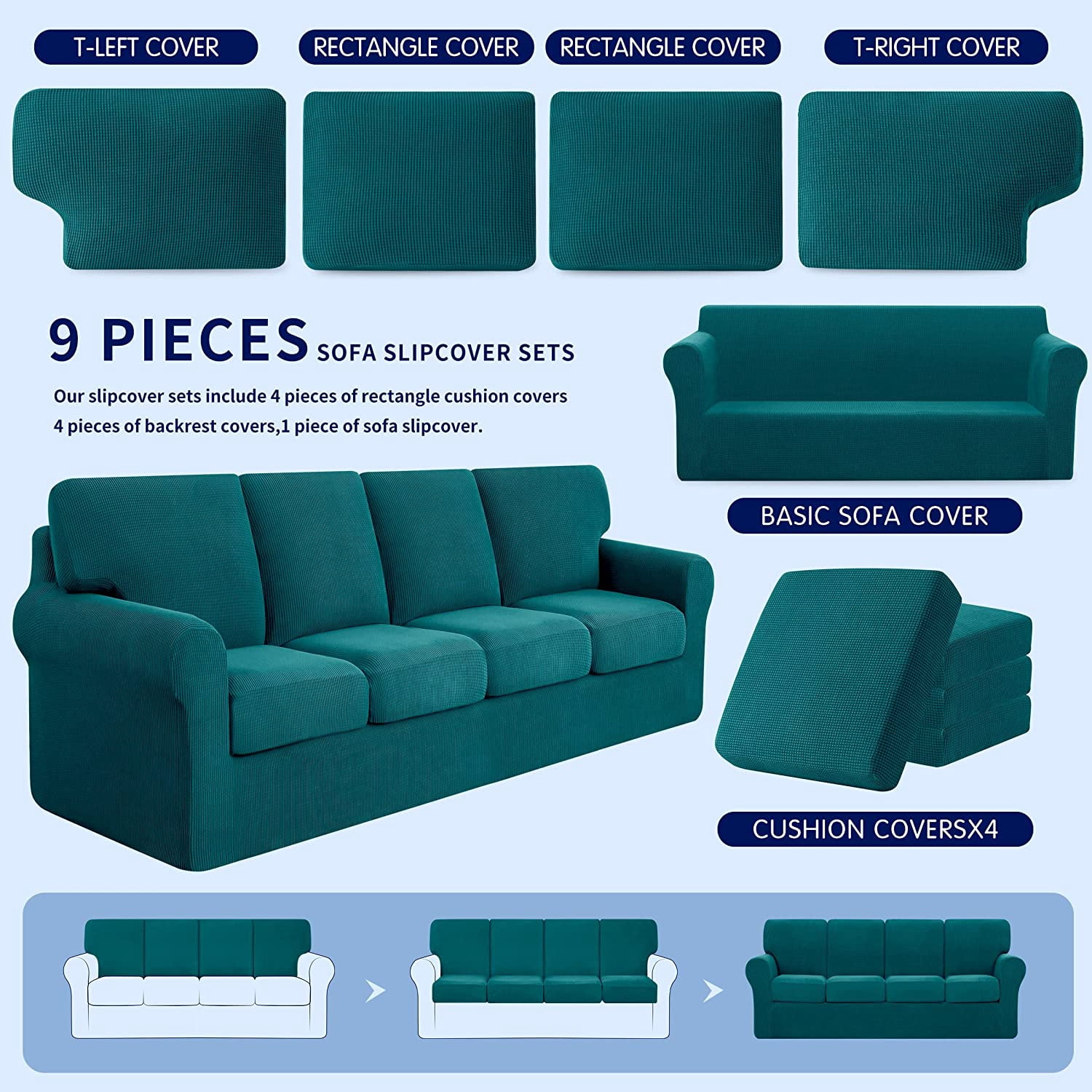 Subrtex Sofa Slipcover Sets 9 Pieces Stretch Couch Cover Backrest Cushion Covers (Oversized Sofa, Turquoise)