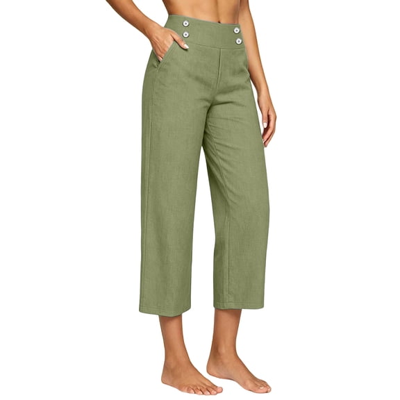 Ruimatai Women's High Waisted Relaxed Fit Button Detail Cropped Capri Pants with Side Pockets for Casual Summer Daily Vacation Wear