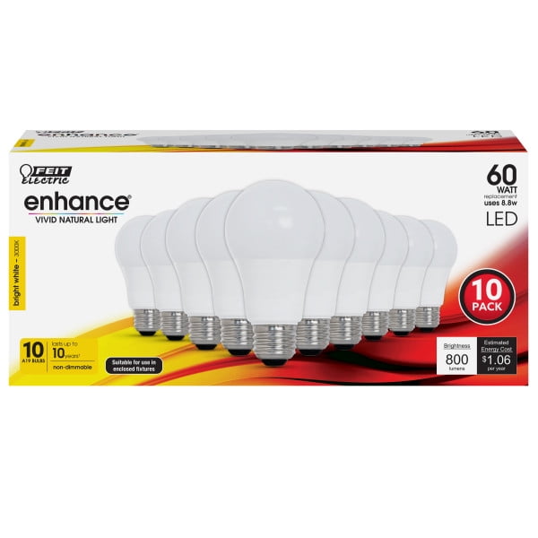 Feit Electric Enhance LED 8.8 Watts (60 Watt Equivalent) Bright White Light Bulbs, A19, E26, Non-Dimmable (10 Pack)