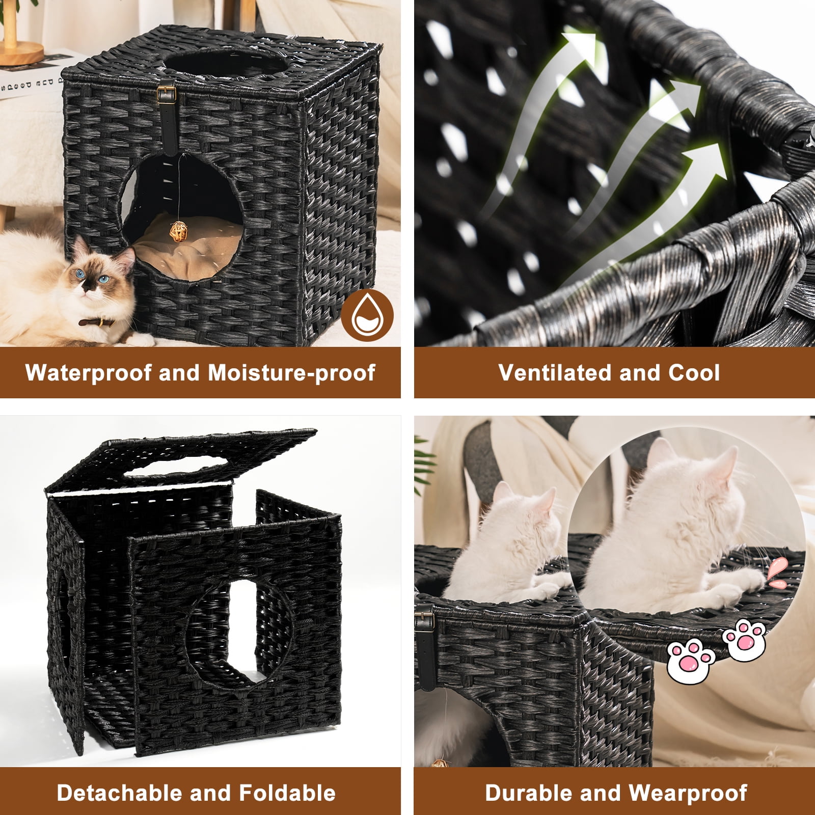 Canddidliike Rattan Cube Cat Bed with Rattan Ball and Mats in Black Canddidliike Rattan Cube Cat Bed with Rattan Ball and Mats in Black