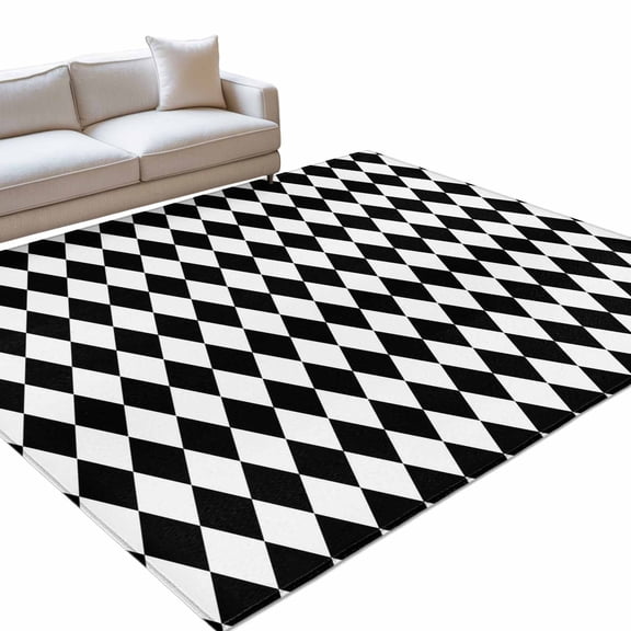 Black Diamond Plaid 6x9ft Non Slip Area Rug White Geometric Check Abstract Modern Washable Soft Area Rugs for Living Room, Indoor Circle Carpet for Bedroom Dining Room Kitchen