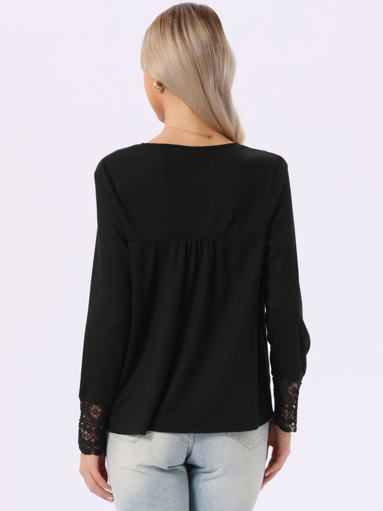 DARING DIVA Women's Long Sleeve V Neck Casual Tops Lace Blouses S Black