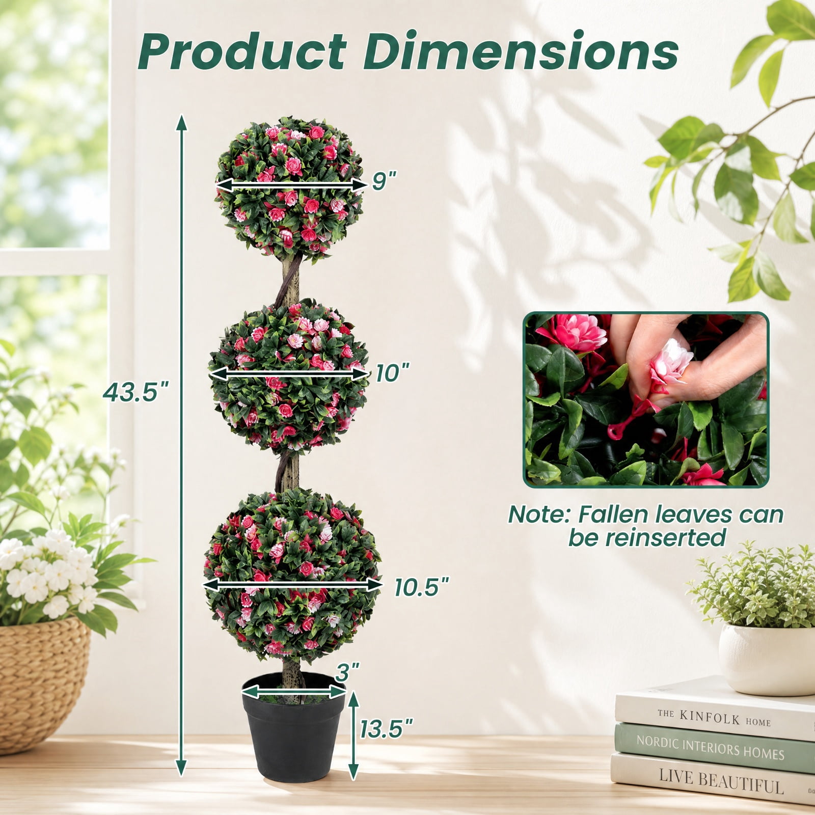 Vebreda Artificial Plant Decor, 43.5" Artificial Triple Ball Rose Topiary Tree with Lifelike Blooms and Green Leaves, Multi-Scenario Applications