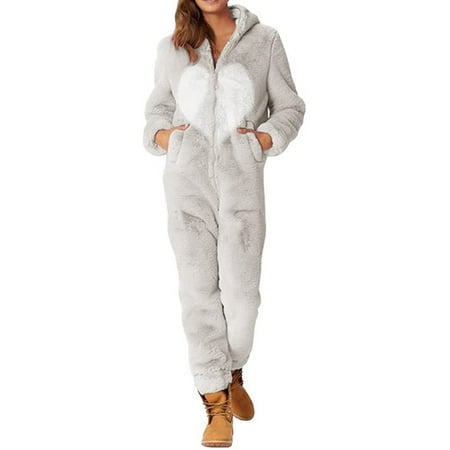 

Langwyqu Heart Print One Piece Fleece Hooded Jumpsuit Warm Women Onesie Pajamas