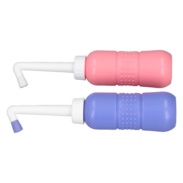 Portable Bidet, lightweight and compact, featuring two EVA material bottles in pink and blue with textured grips, each equipped with a white angled nozzle and dust cover. Designed for hygiene cleaning, postpartum care, baby changing, and outdoor use. Includes two storage bags and accessories.