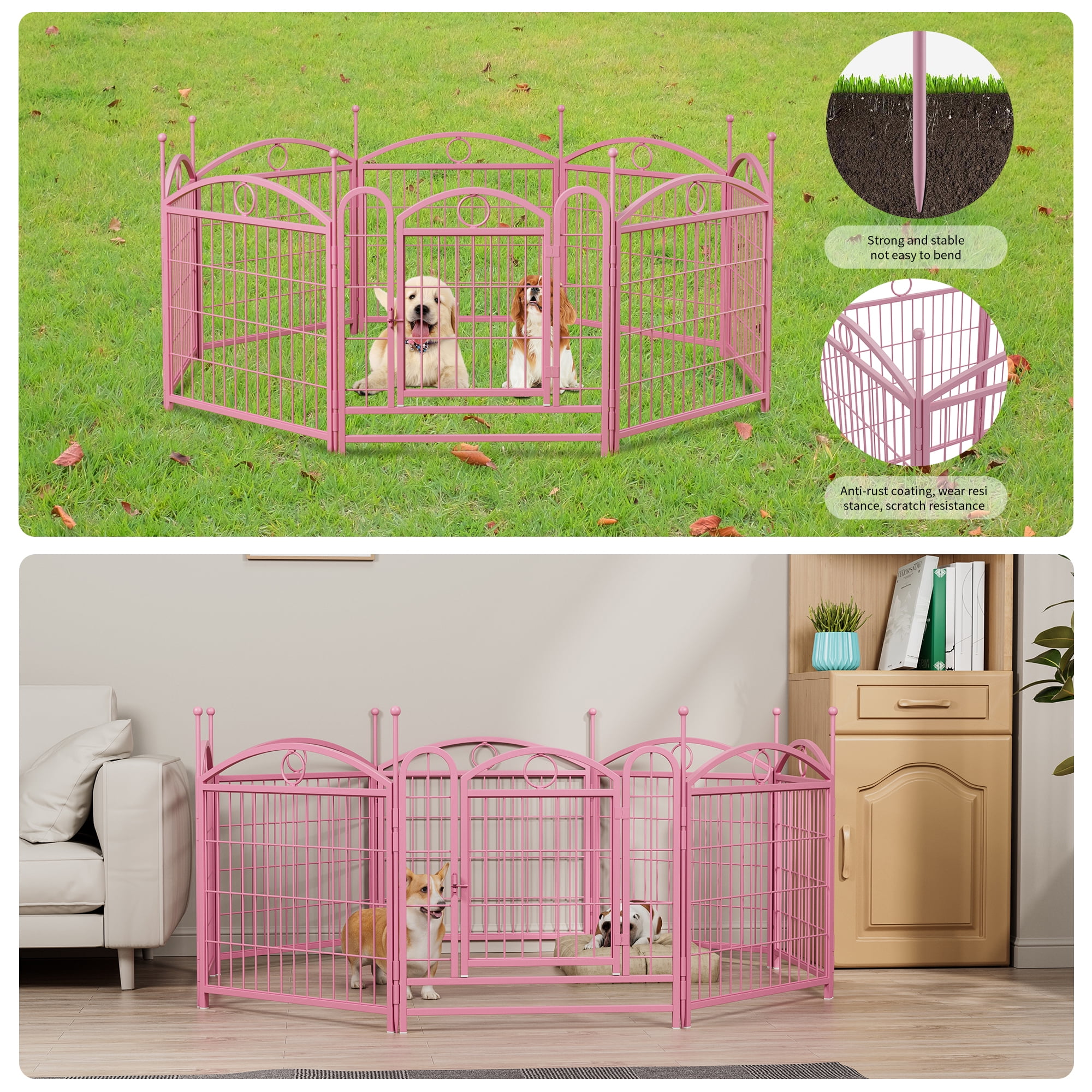 Jopath 24" 8 Panels Metal Dog Pen, Pet Dog Fence Outdoor Foldable Exercise Pen Heavy Duty Dog Fence Puppy Pen with Doors for Large Medium Small Dogs Pink